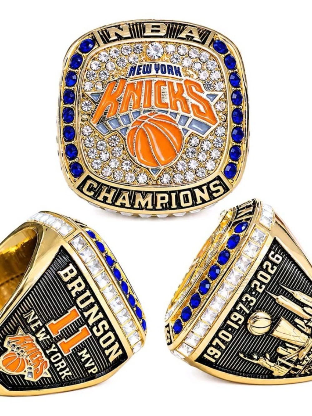 Custom NYC Knicks Gold Championship Ring with Blue and Orange Accents